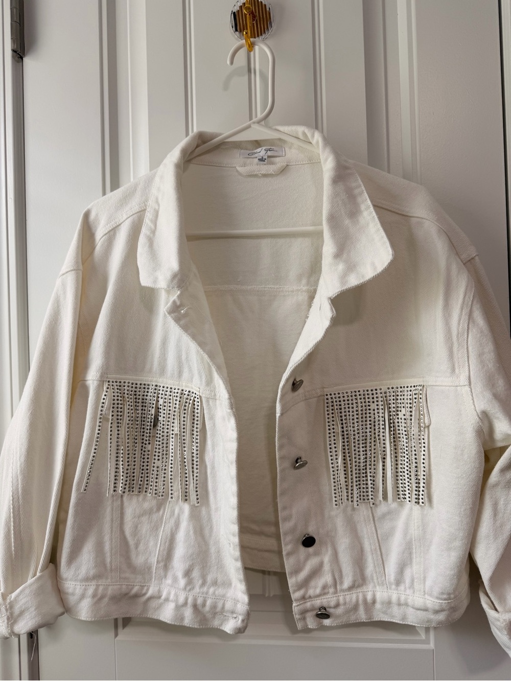 White Fringe Rhinestone Jean Jacket